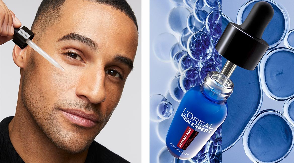 Ein Mann mit einer Pipette & Produktabbildung Gesichtserum